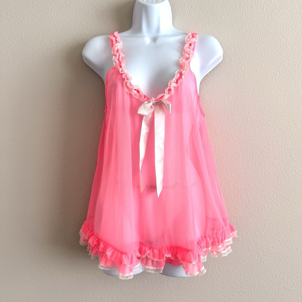 Victorias Secret Neon Pink Sheer Top Womens Medium Ruffle Lace Feminine Barbie
